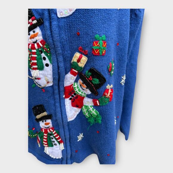 VTG Heirloom Collectibles Snowman Christmas Cardigan Sweater Blue Women's Large - Picture 4 of 12